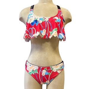 Cupshe Bikini Swimsuit Tankini Red Floral Reversible S Small New